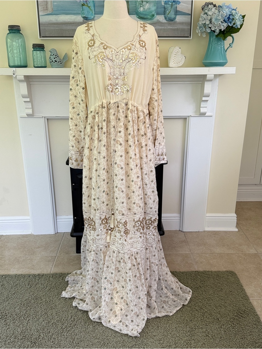 Boho Prairie Maxi Dress Beige Floral XL Gold Sequins NWT - Picture 2 of 15